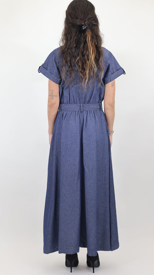 Women’s Chambray Midi Dress Button-Up Short Sleeve | Lightweight Denim Dress