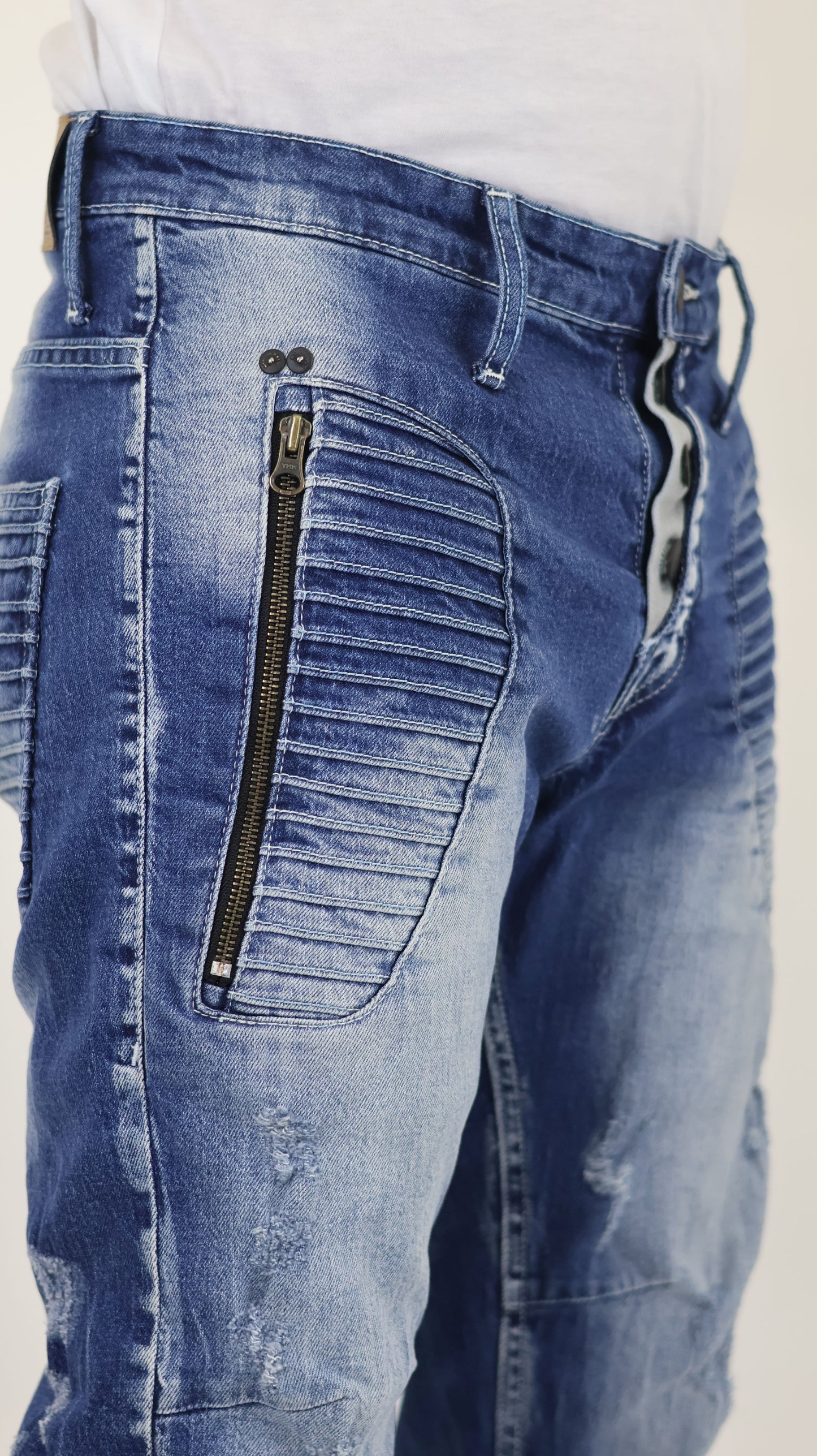 M13 Melbourne Street Style Side Zipper Distressed Mid Blue