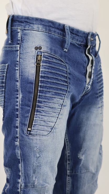 M13 Melbourne Street Style Side Zipper Distressed Mid Blue