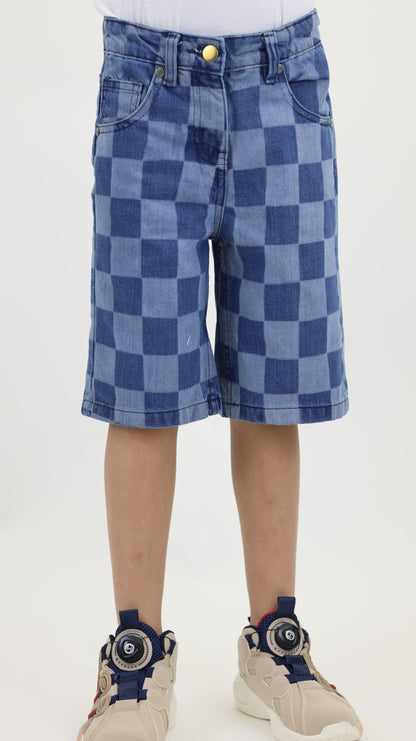 K7 Junior Girl Laser Checkered Denim Short Vintage Look