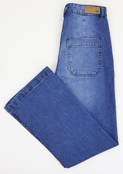 W7 Women’s High Rise Wide Leg Denim Jeans Front Patch Pocket, Mid Blue