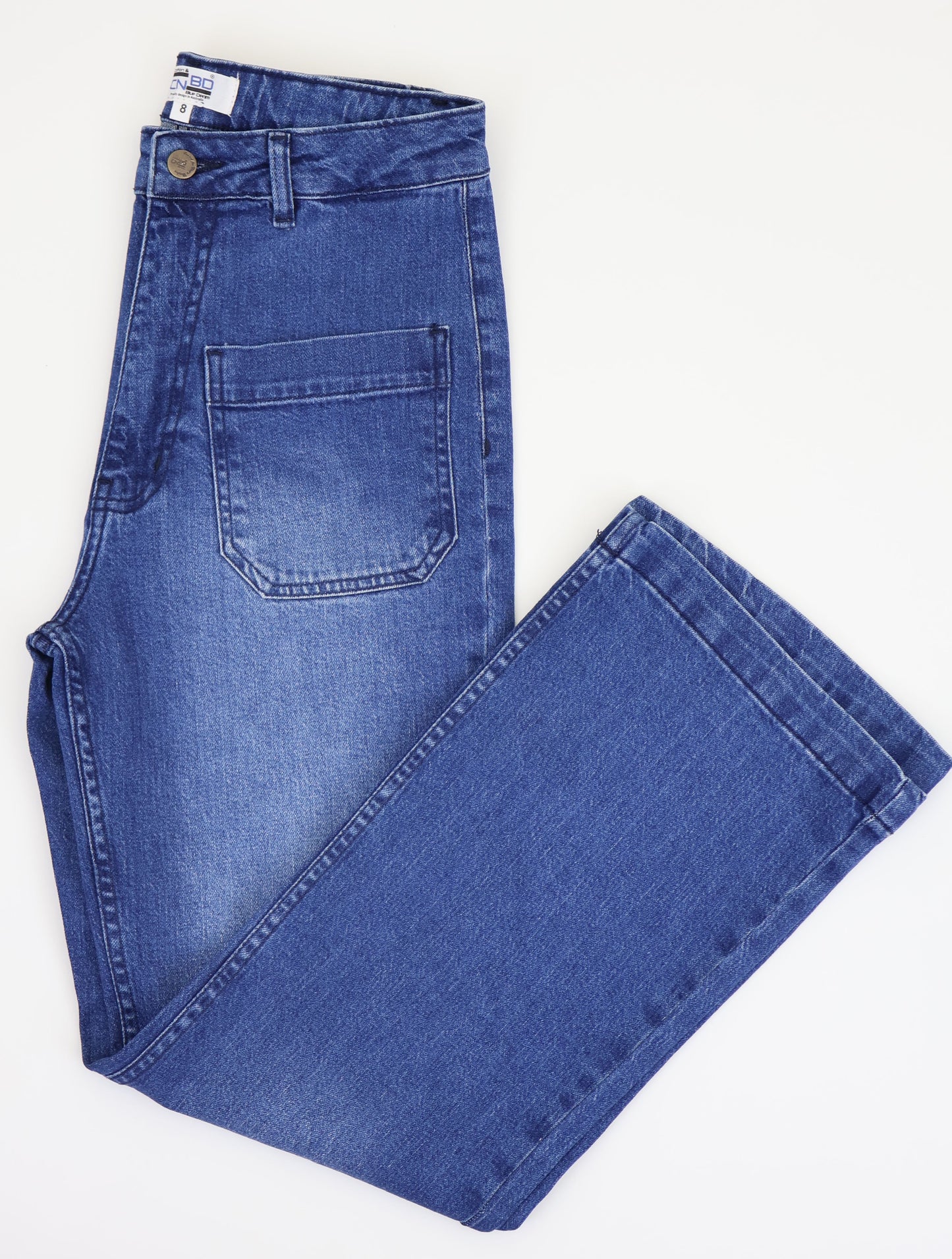 W7 Women’s High Rise Wide Leg Denim Jeans Front Patch Pocket, Mid Blue