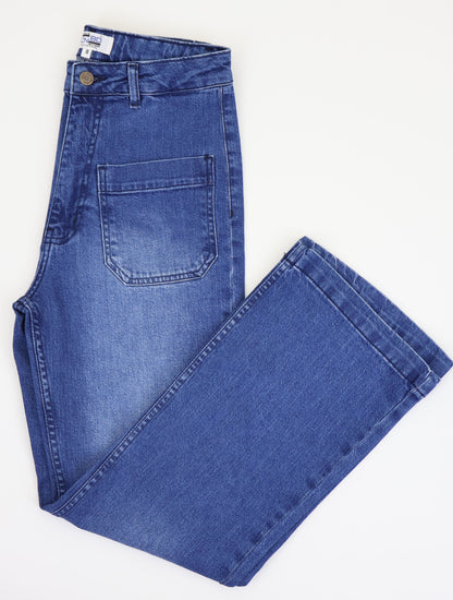 W7 Women’s High Rise Wide Leg Denim Jeans Front Patch Pocket, Mid Blue