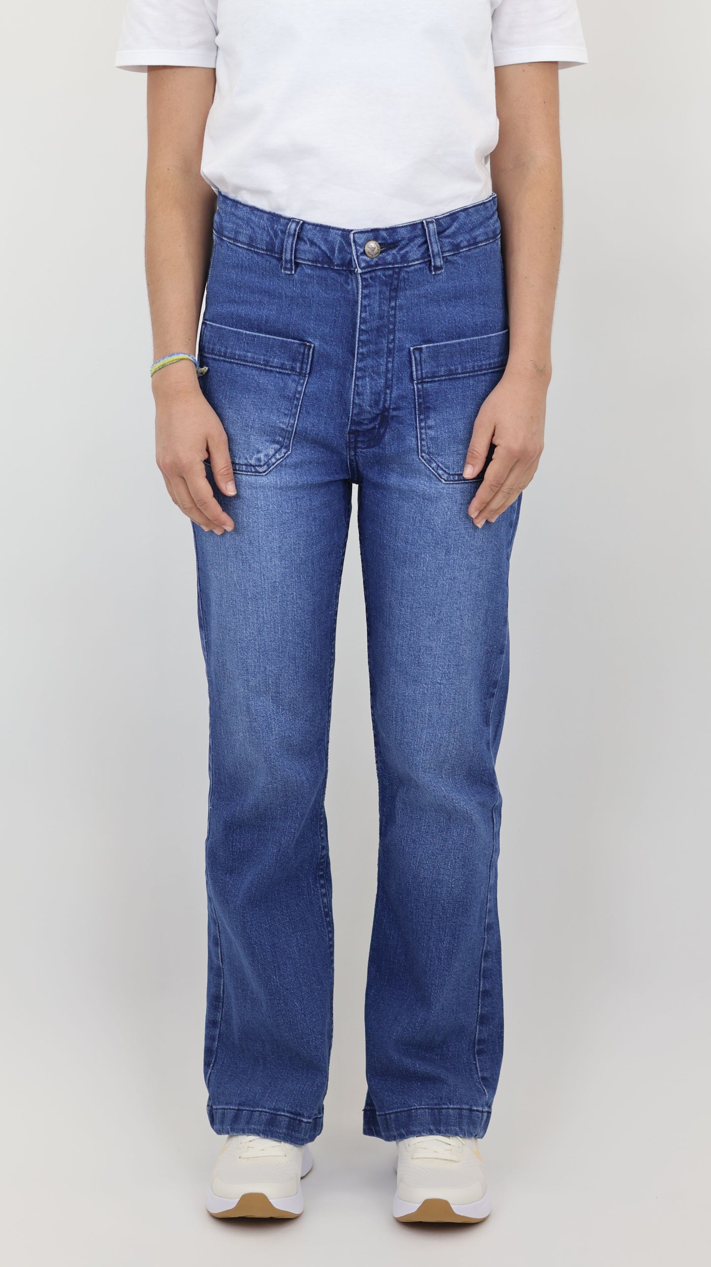 W7 Women’s High Rise Wide Leg Denim Jeans Front Patch Pocket, Mid Blue