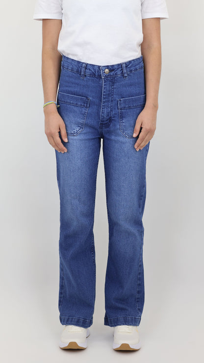 W7 Women’s High Rise Wide Leg Denim Jeans Front Patch Pocket, Mid Blue