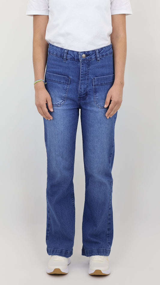 W7 Women’s High Rise Wide Leg Denim Jeans Front Patch Pocket, Mid Blue