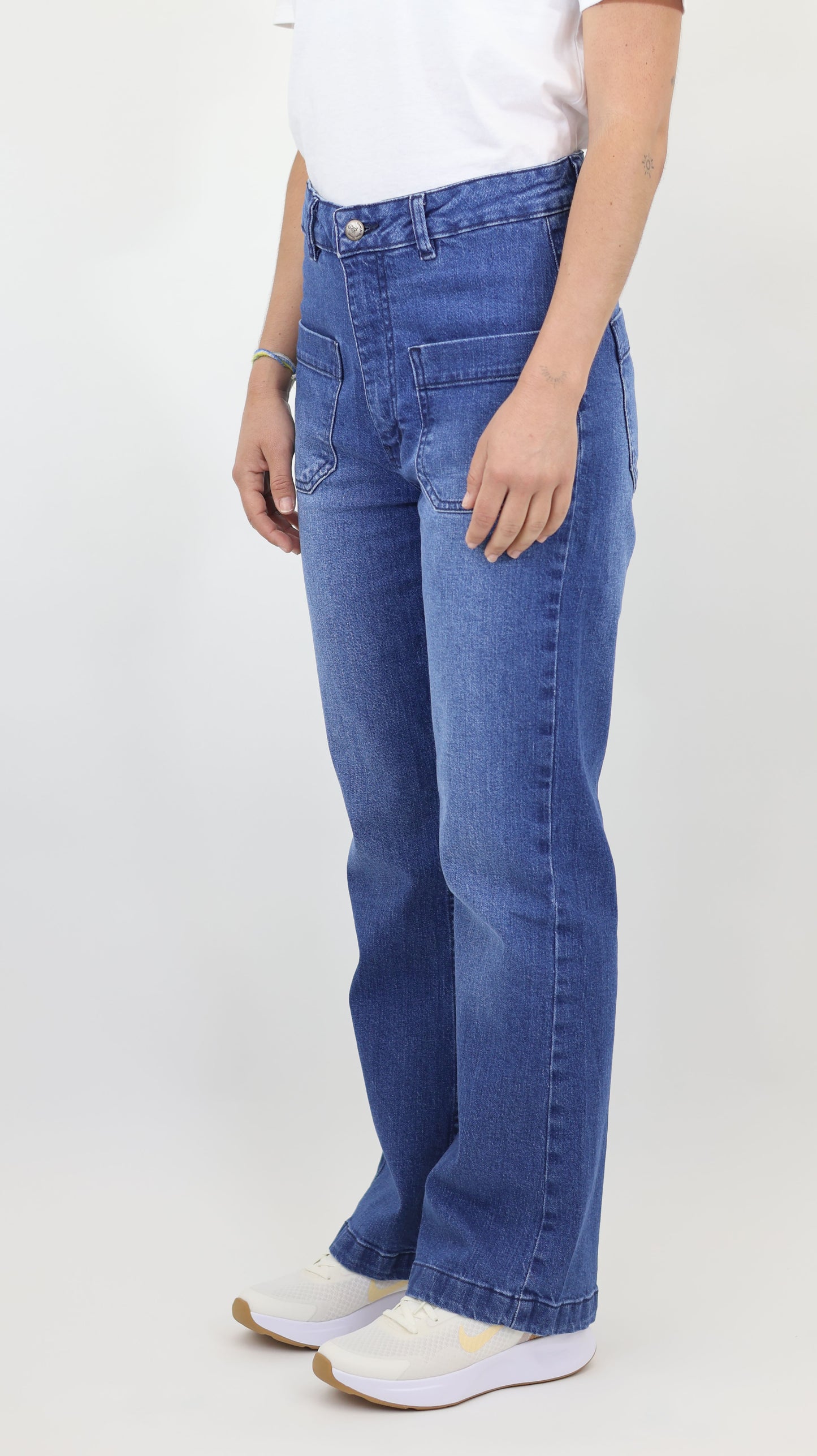 W7 Women’s High Rise Wide Leg Denim Jeans Front Patch Pocket, Mid Blue
