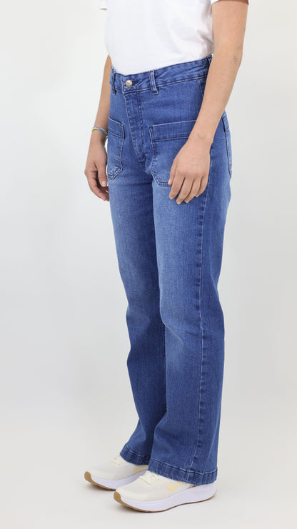 W7 Women’s High Rise Wide Leg Denim Jeans Front Patch Pocket, Mid Blue