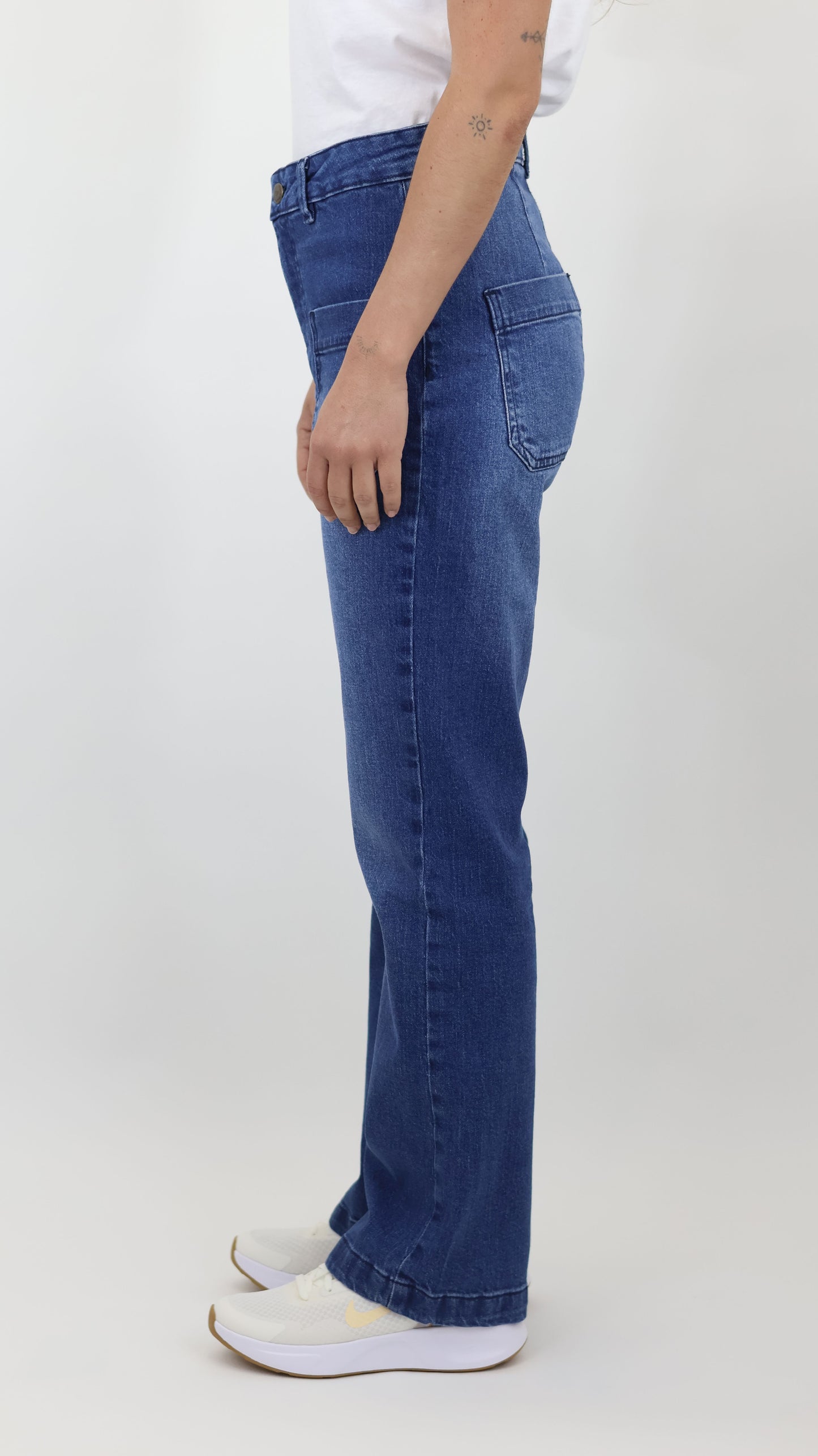 W7 Women’s High Rise Wide Leg Denim Jeans Front Patch Pocket, Mid Blue