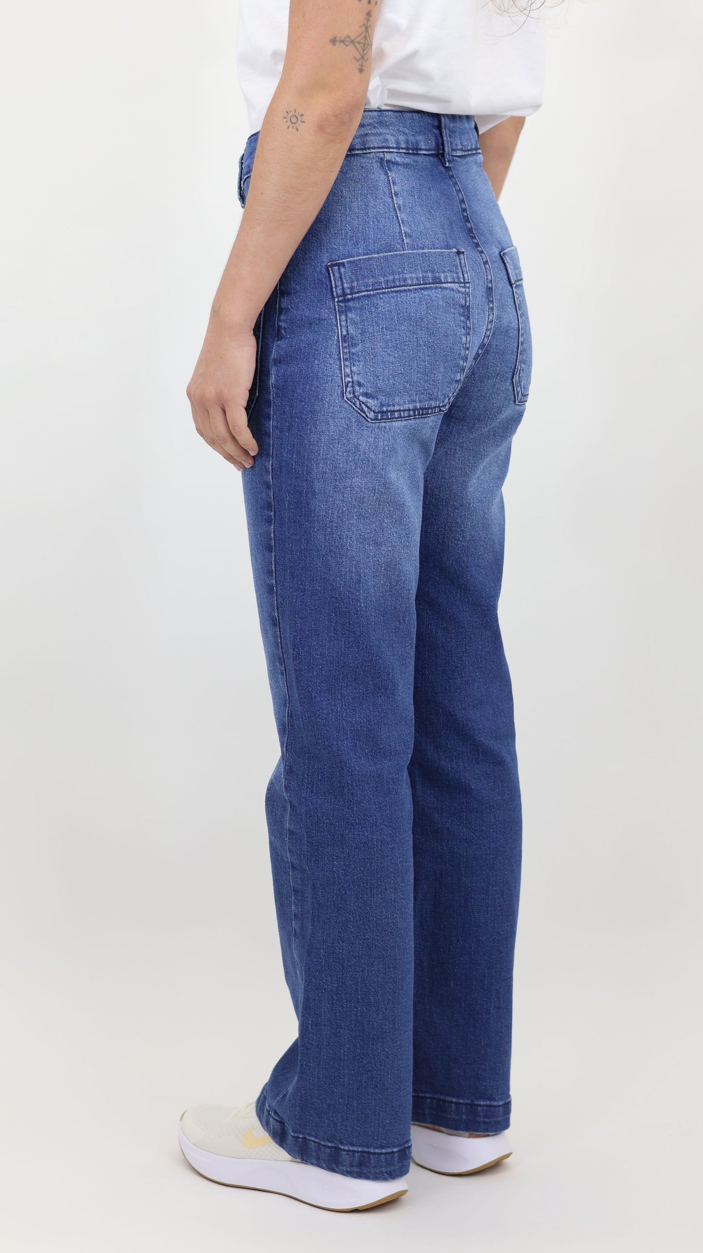 W7 Women’s High Rise Wide Leg Denim Jeans Front Patch Pocket, Mid Blue