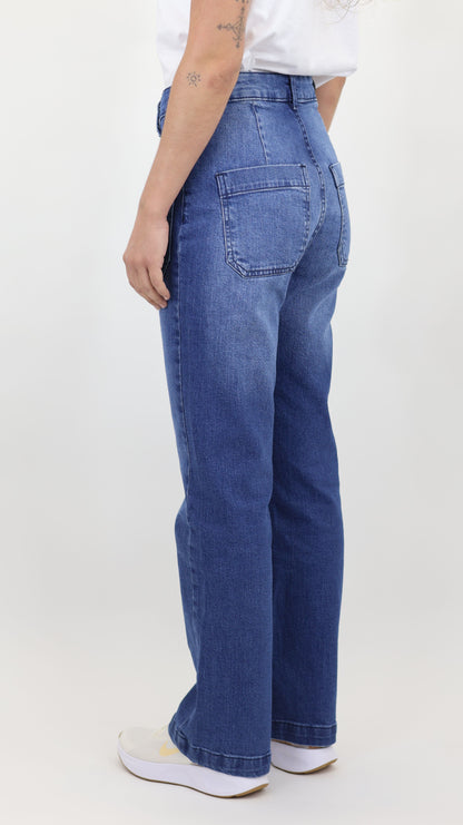 W7 Women’s High Rise Wide Leg Denim Jeans Front Patch Pocket, Mid Blue