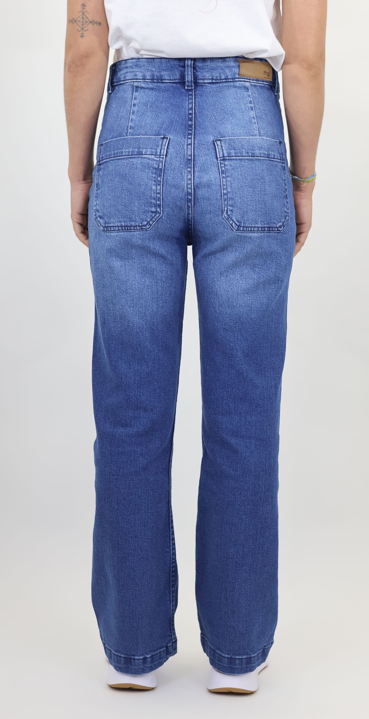 W7 Women’s High Rise Wide Leg Denim Jeans Front Patch Pocket, Mid Blue