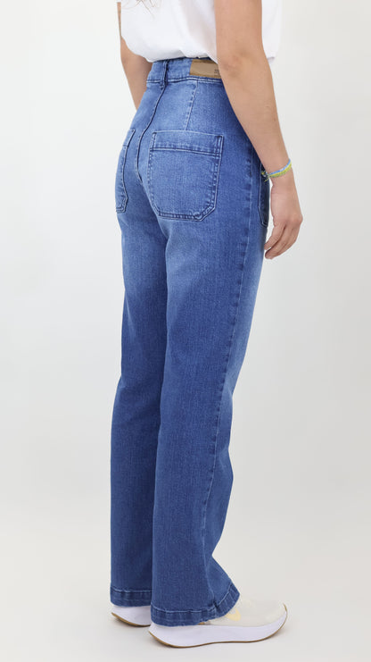 W7 Women’s High Rise Wide Leg Denim Jeans Front Patch Pocket, Mid Blue