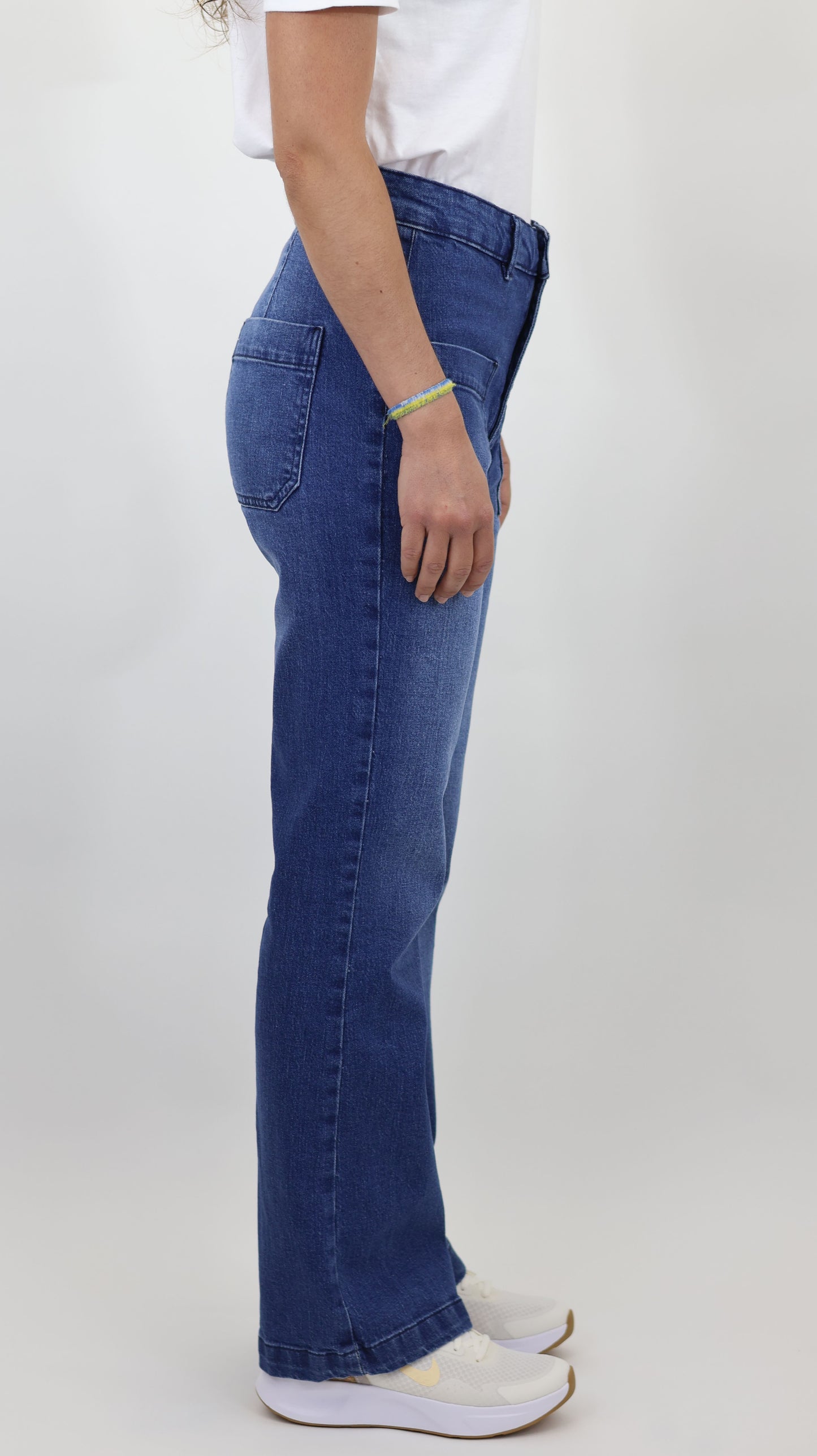 W7 Women’s High Rise Wide Leg Denim Jeans Front Patch Pocket, Mid Blue