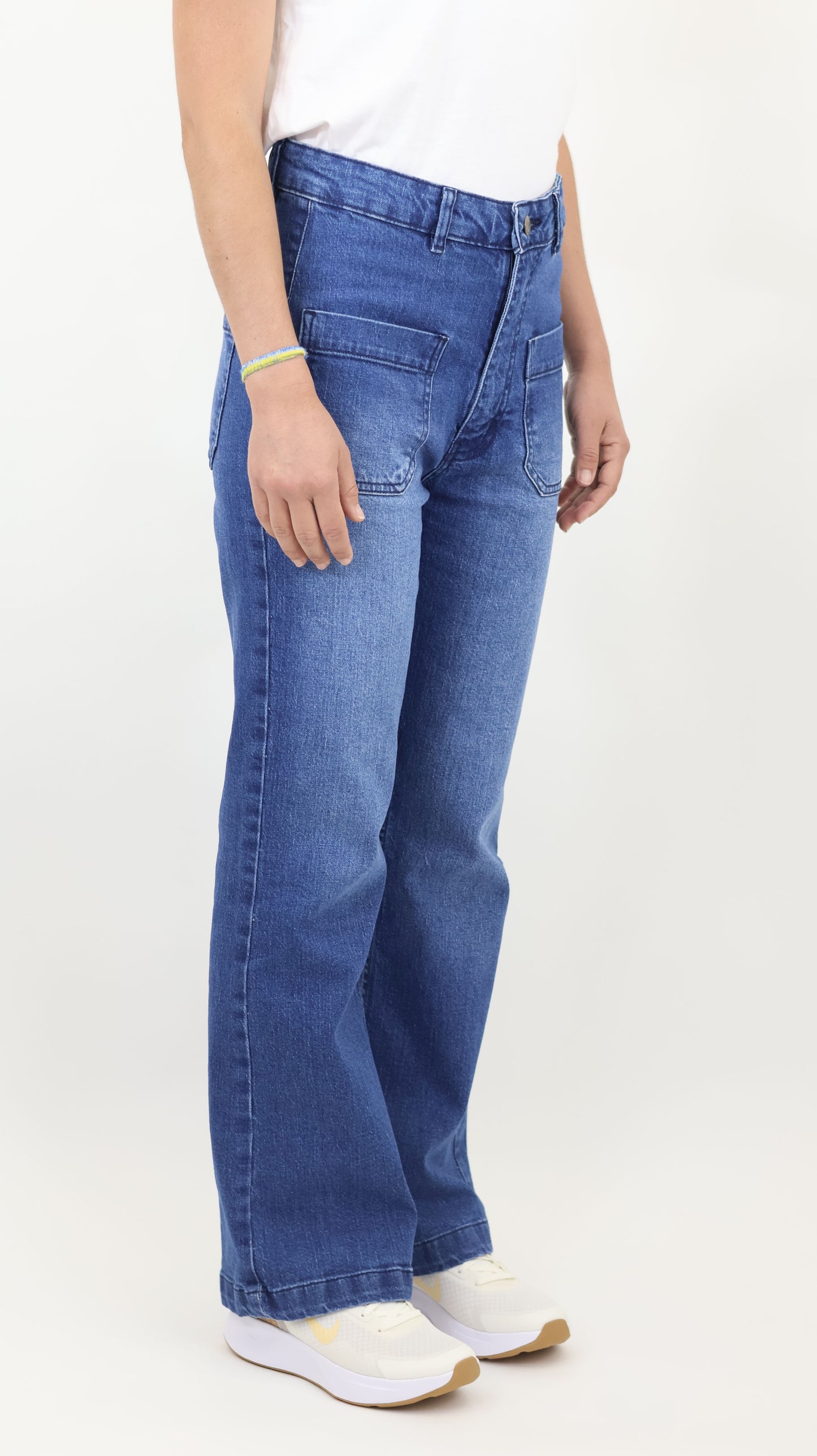 W7 Women’s High Rise Wide Leg Denim Jeans Front Patch Pocket, Mid Blue