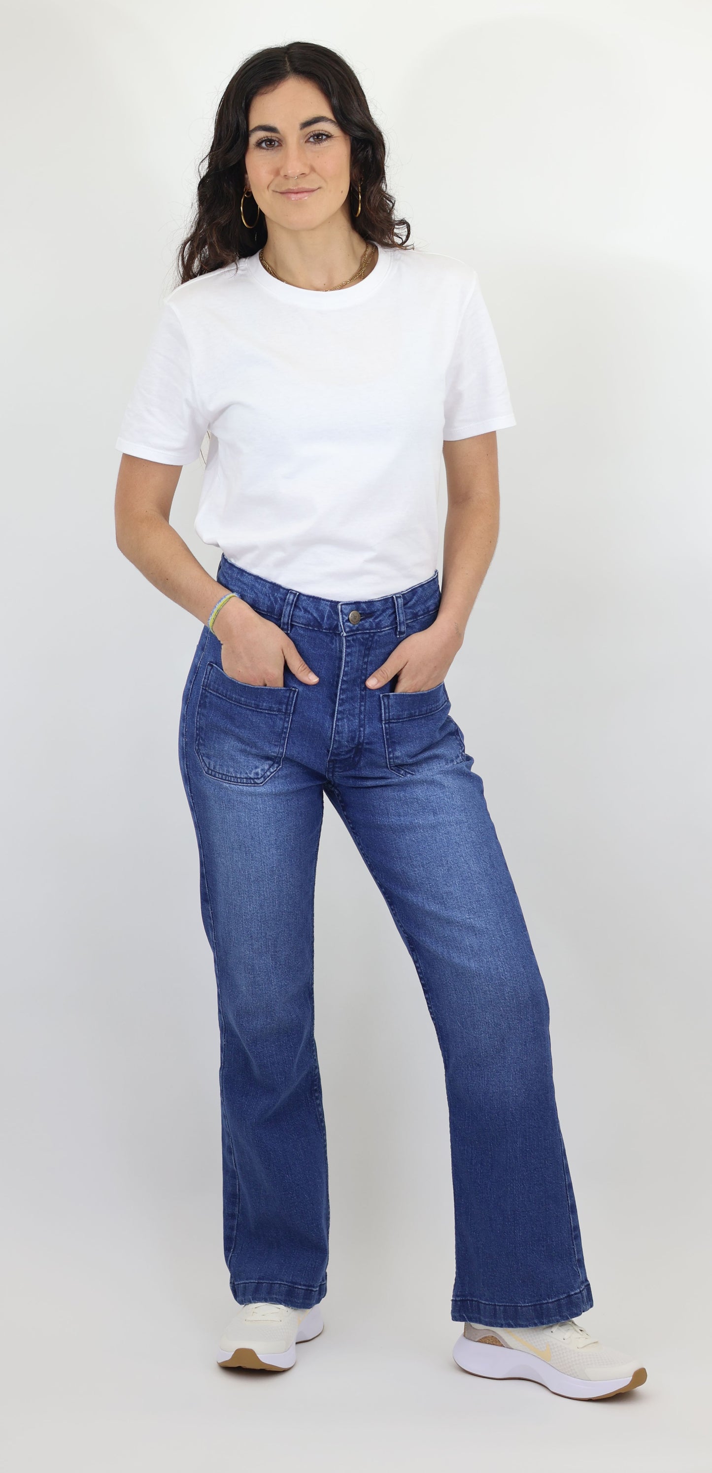 W7 Women’s High Rise Wide Leg Denim Jeans Front Patch Pocket, Mid Blue