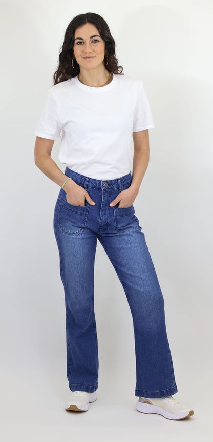 W7 Women’s High Rise Wide Leg Denim Jeans Front Patch Pocket, Mid Blue