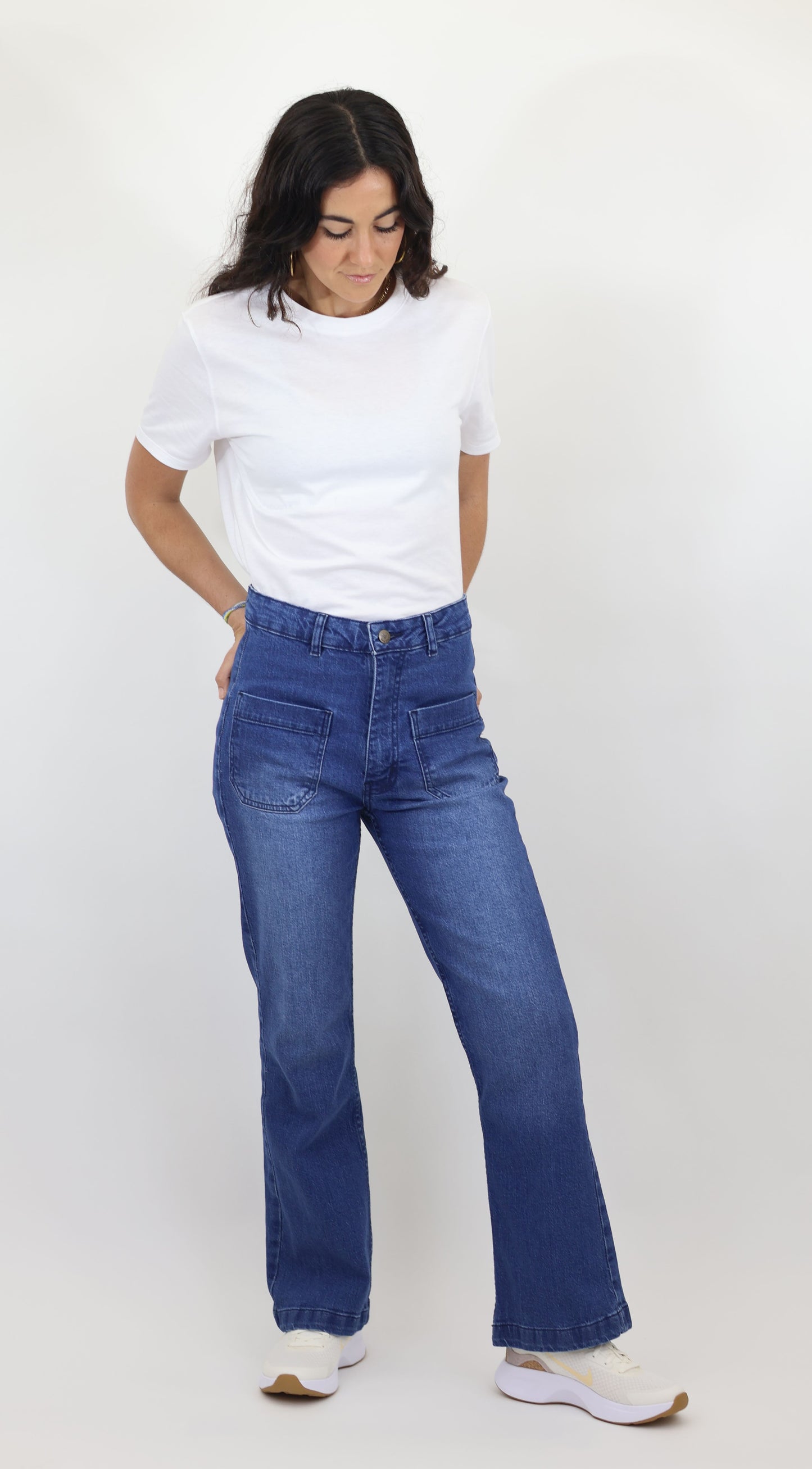 W7 Women’s High Rise Wide Leg Denim Jeans Front Patch Pocket, Mid Blue