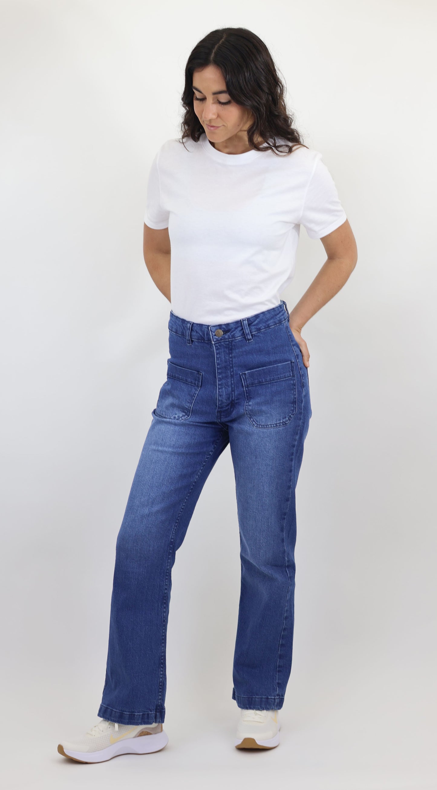 W7 Women’s High Rise Wide Leg Denim Jeans Front Patch Pocket, Mid Blue