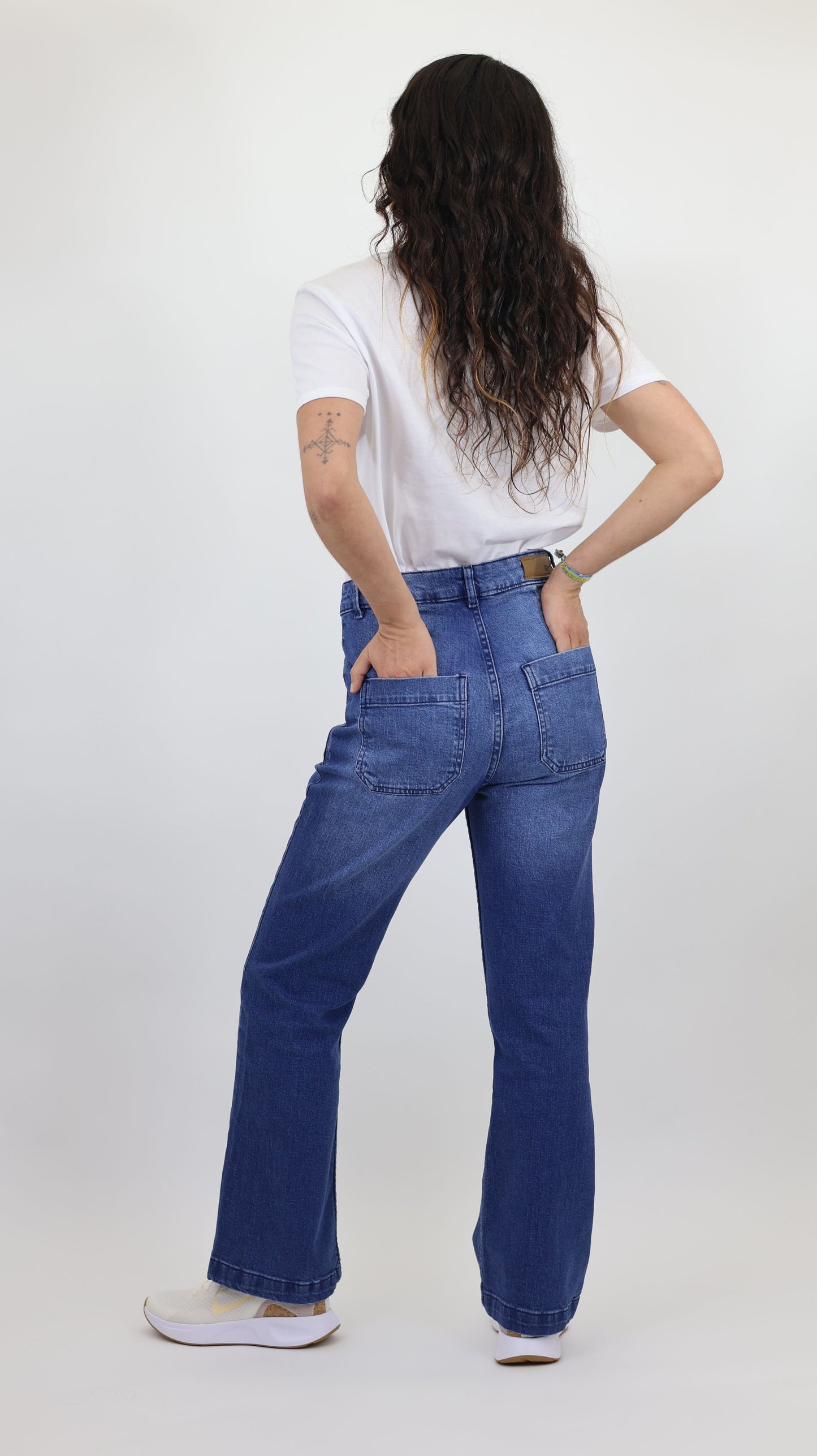 W7 Women’s High Rise Wide Leg Denim Jeans Front Patch Pocket, Mid Blue