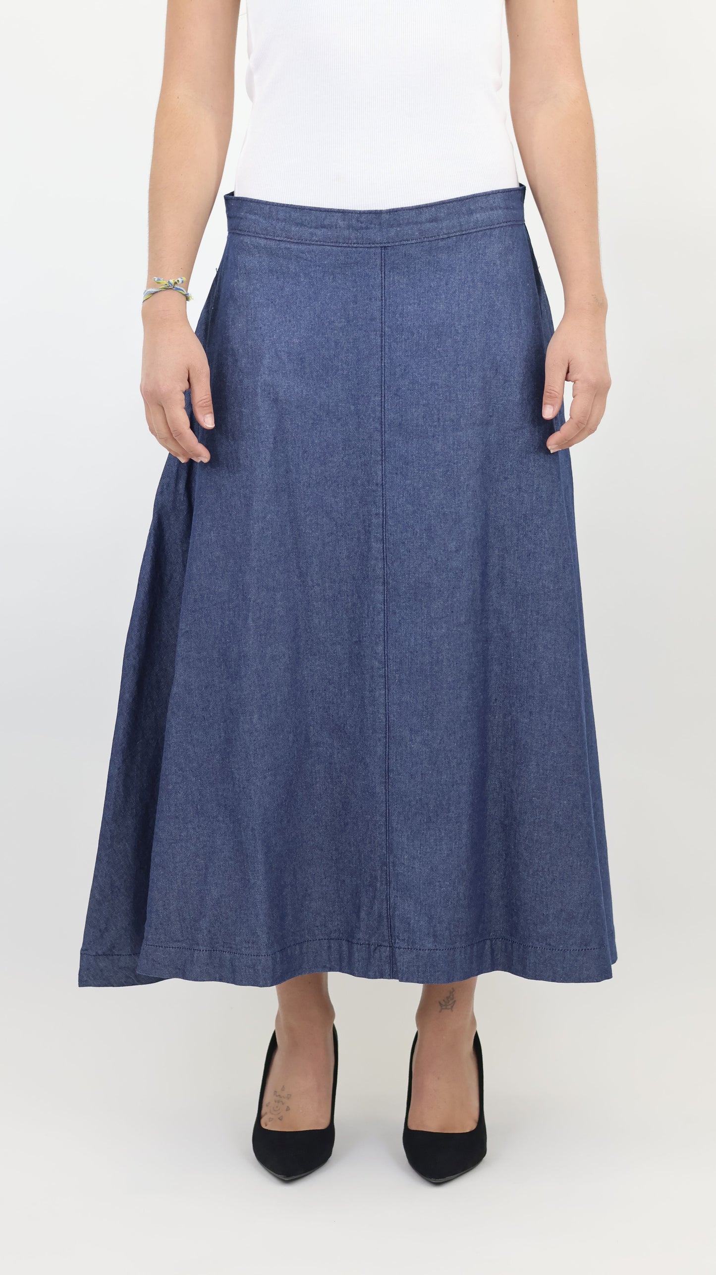 W669 Women Ankle Chambray Skirt Mid Blue