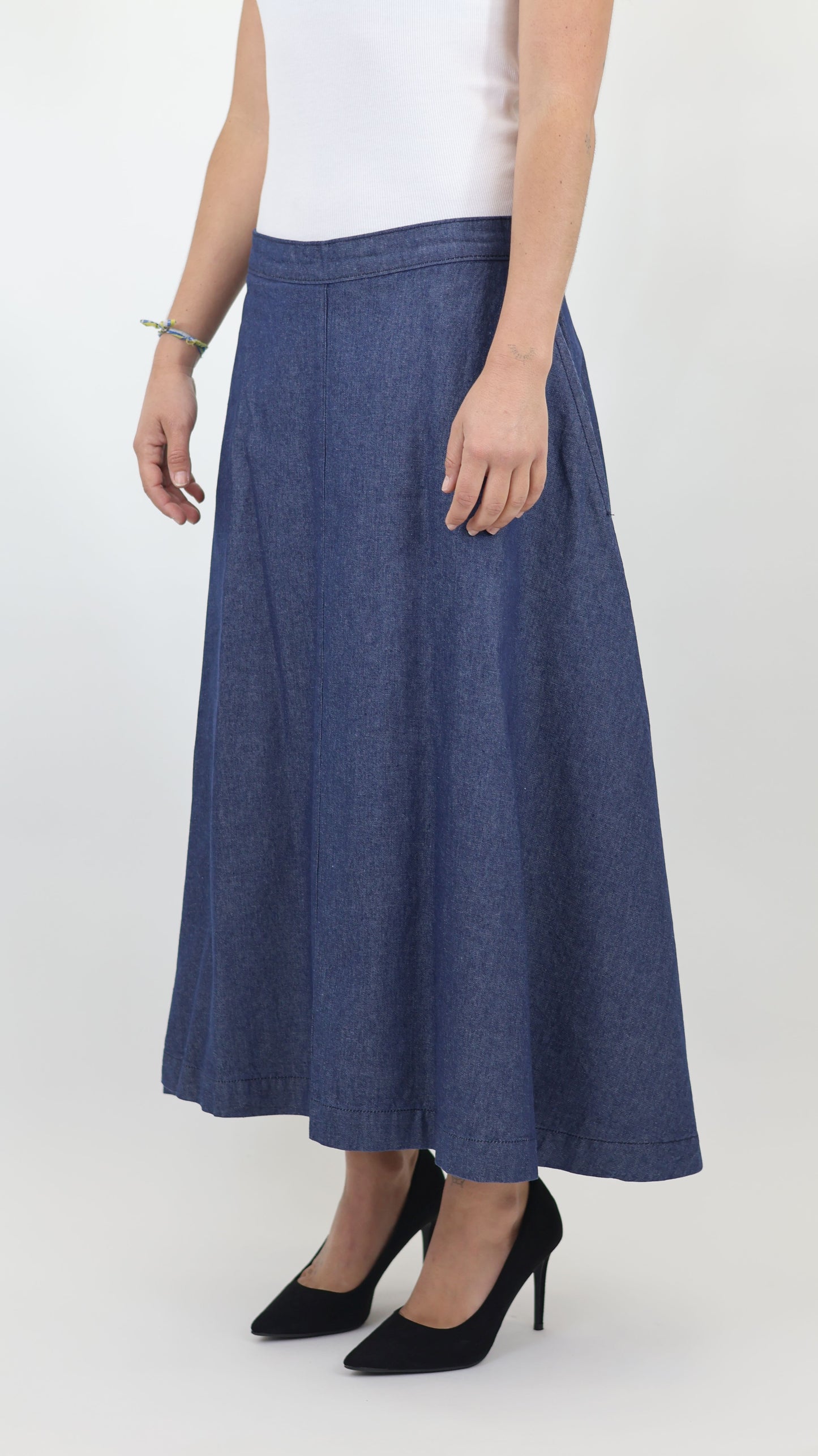 W669 Women Ankle Chambray Skirt Mid Blue