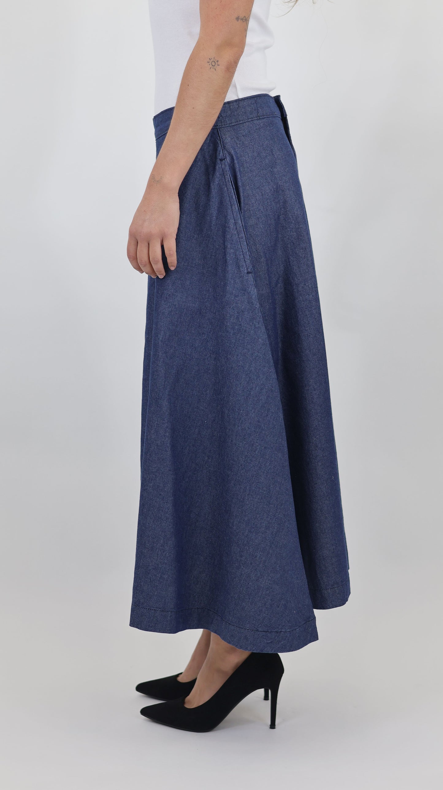 W669 Women Ankle Chambray Skirt Mid Blue
