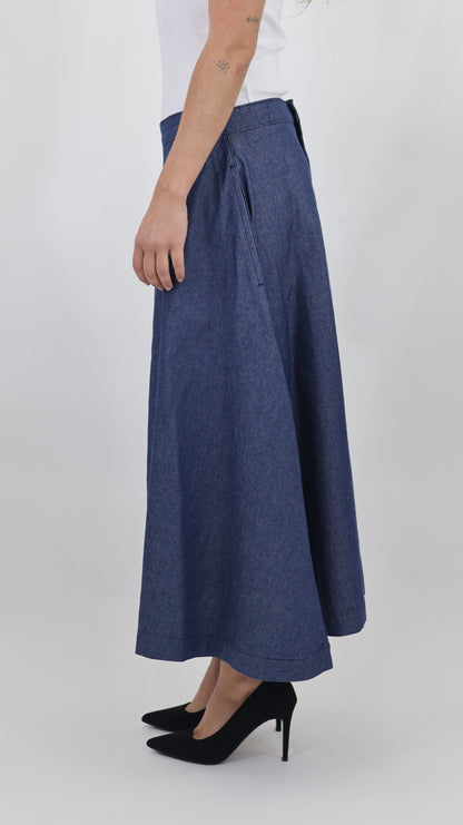W669 Women Ankle Chambray Skirt Mid Blue