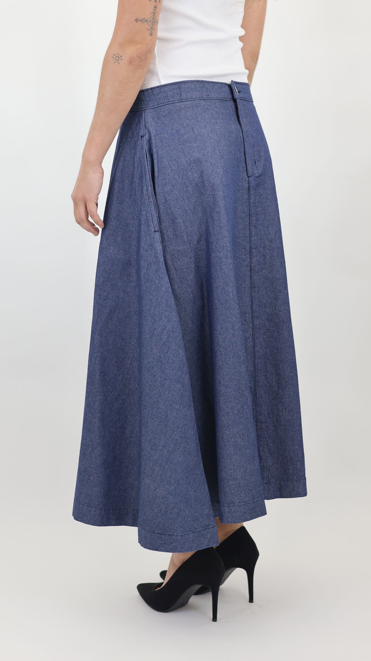W669 Women Ankle Chambray Skirt Mid Blue