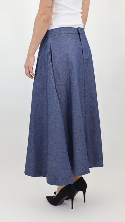 W669 Women Ankle Chambray Skirt Mid Blue