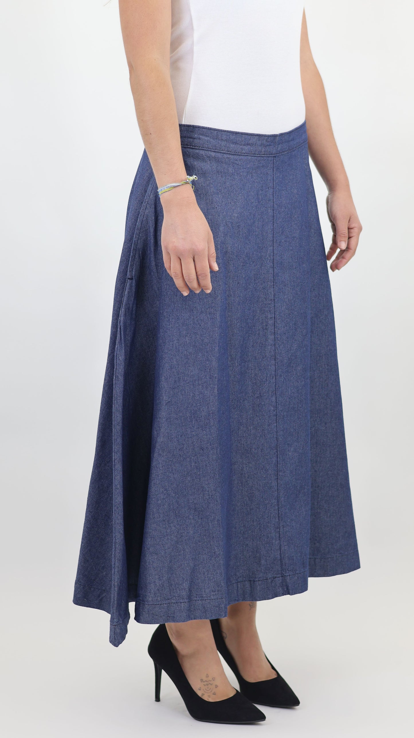 W669 Women Ankle Chambray Skirt Mid Blue
