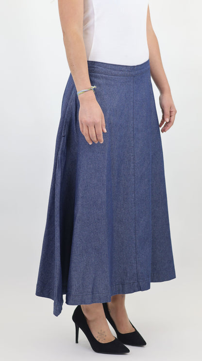 W669 Women Ankle Chambray Skirt Mid Blue