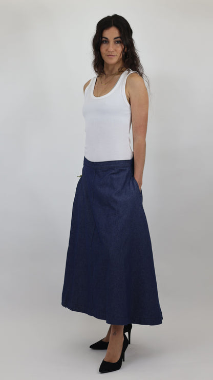 W669 Women Ankle Chambray Skirt Mid Blue