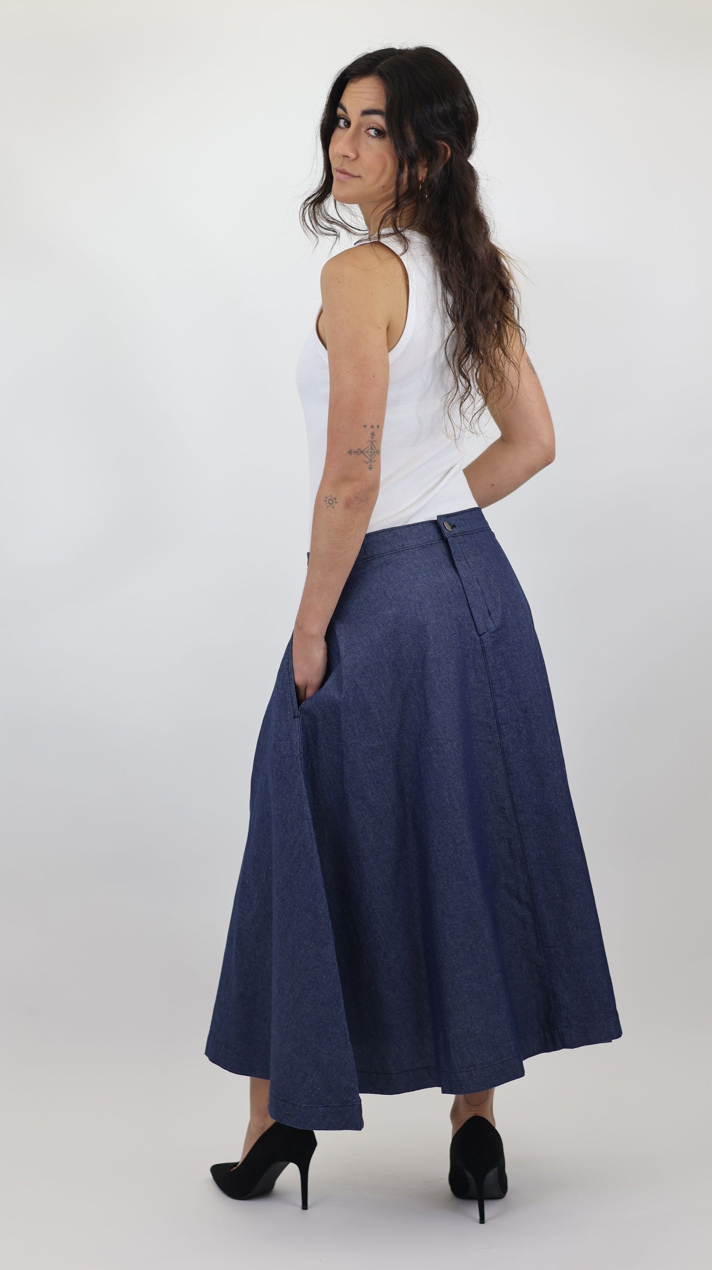 W669 Women Ankle Chambray Skirt Mid Blue