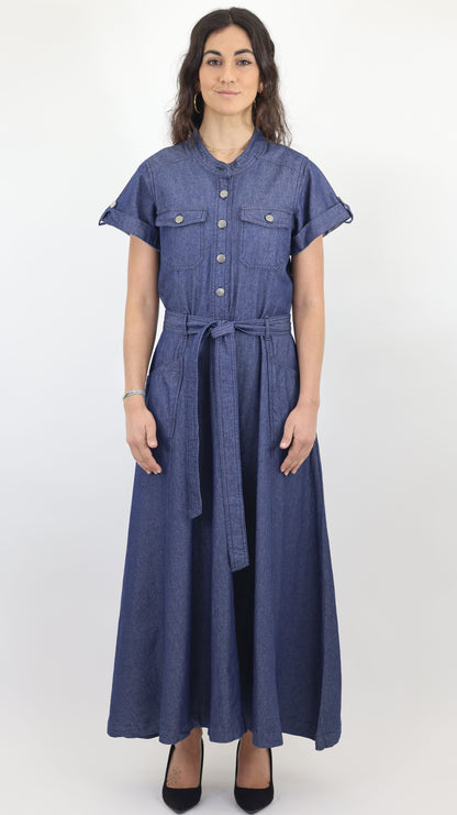 W744 Women’s Button-Up Short Sleeve Chambray Midi Dress