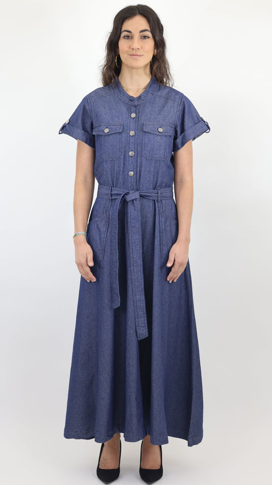 W744 Women’s Button-Up Short Sleeve Chambray Midi Dress