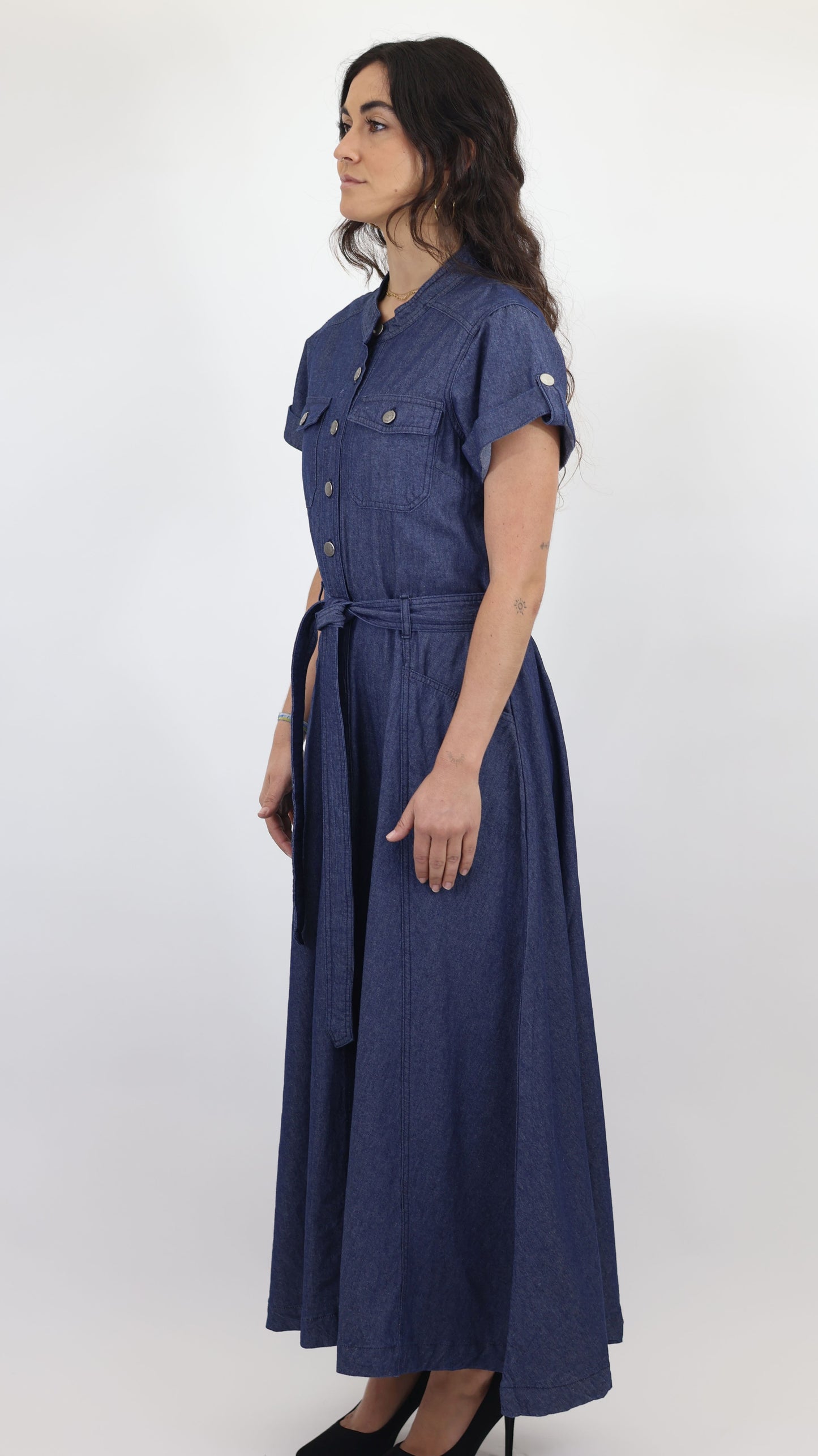 W744 Women’s Button-Up Short Sleeve Chambray Midi Dress