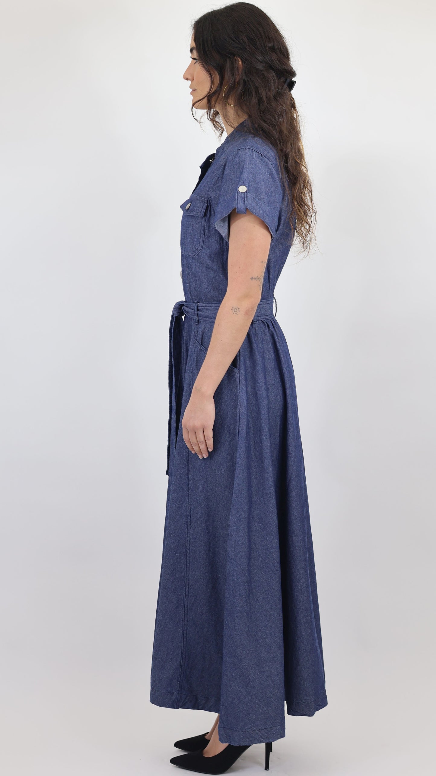 W744 Women’s Button-Up Short Sleeve Chambray Midi Dress