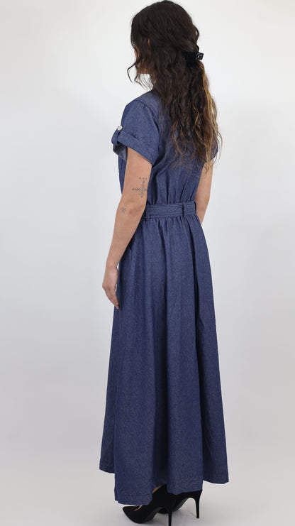 W744 Women’s Button-Up Short Sleeve Chambray Midi Dress