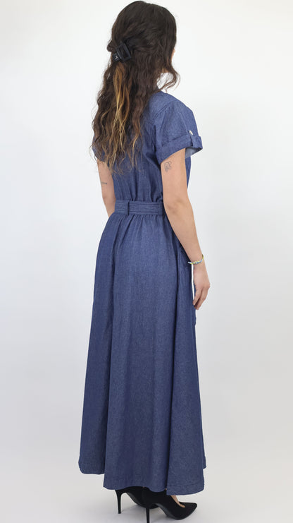 W744 Women’s Button-Up Short Sleeve Chambray Midi Dress