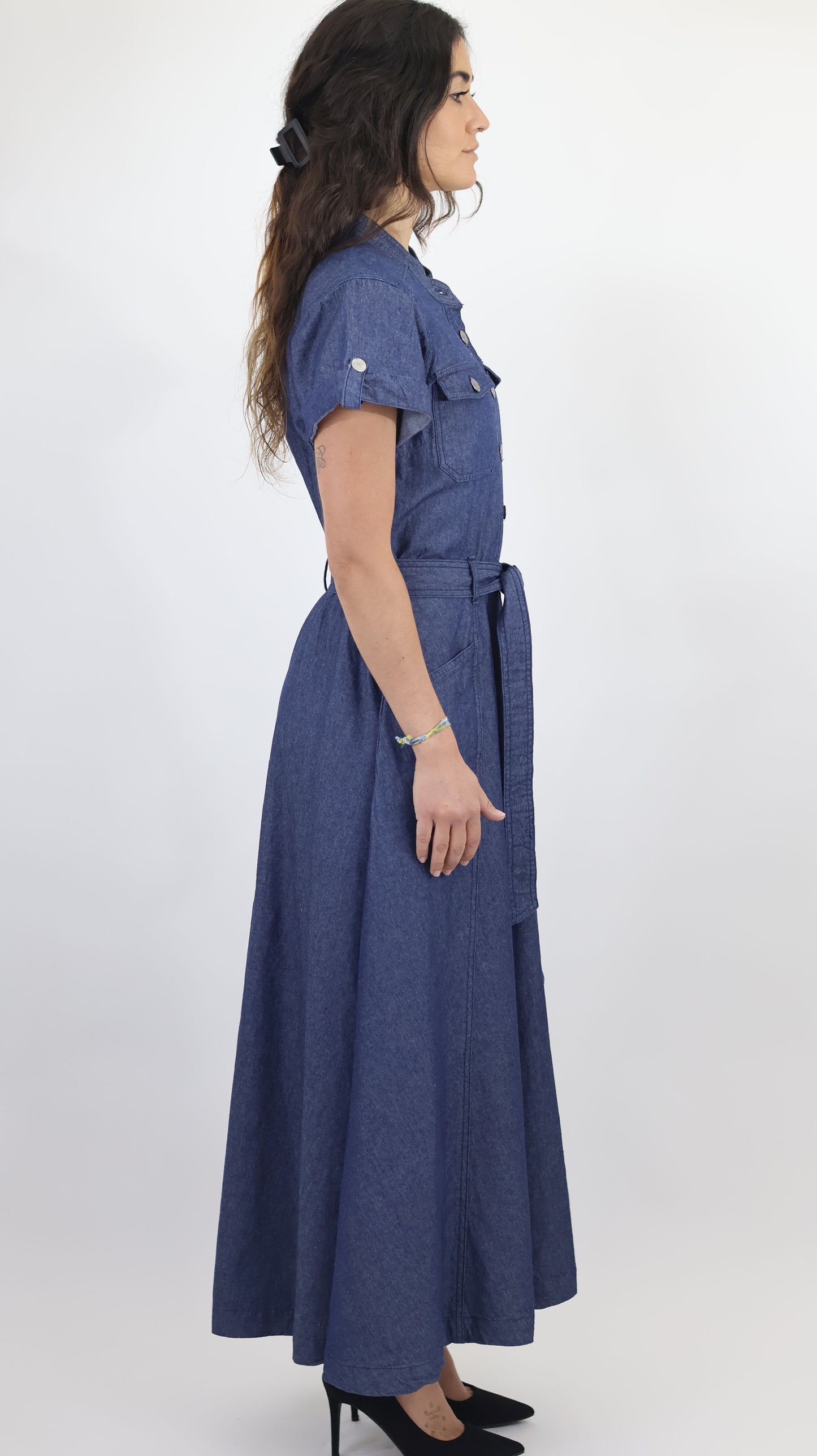 W744 Women’s Button-Up Short Sleeve Chambray Midi Dress