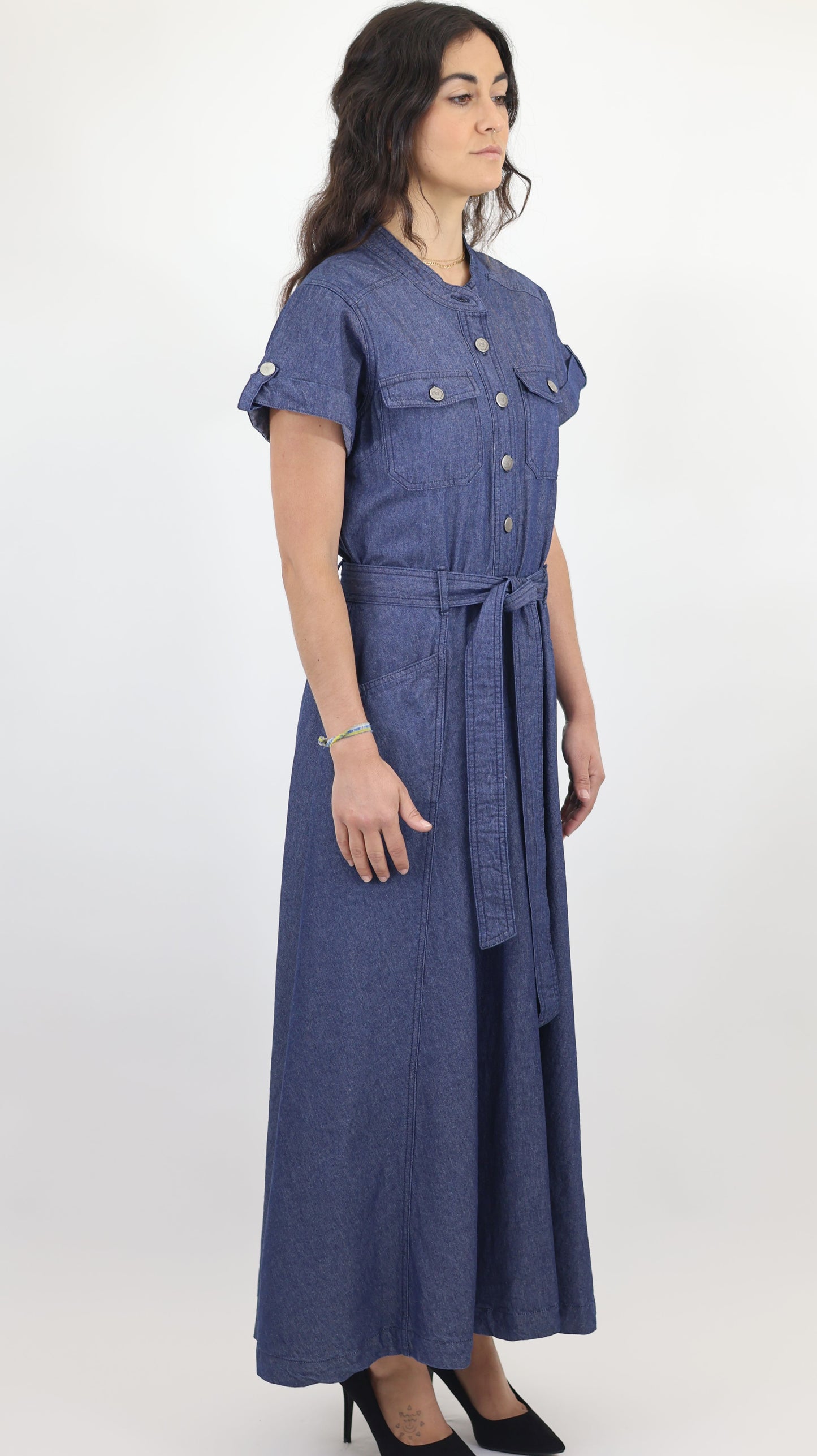 W744 Women’s Button-Up Short Sleeve Chambray Midi Dress