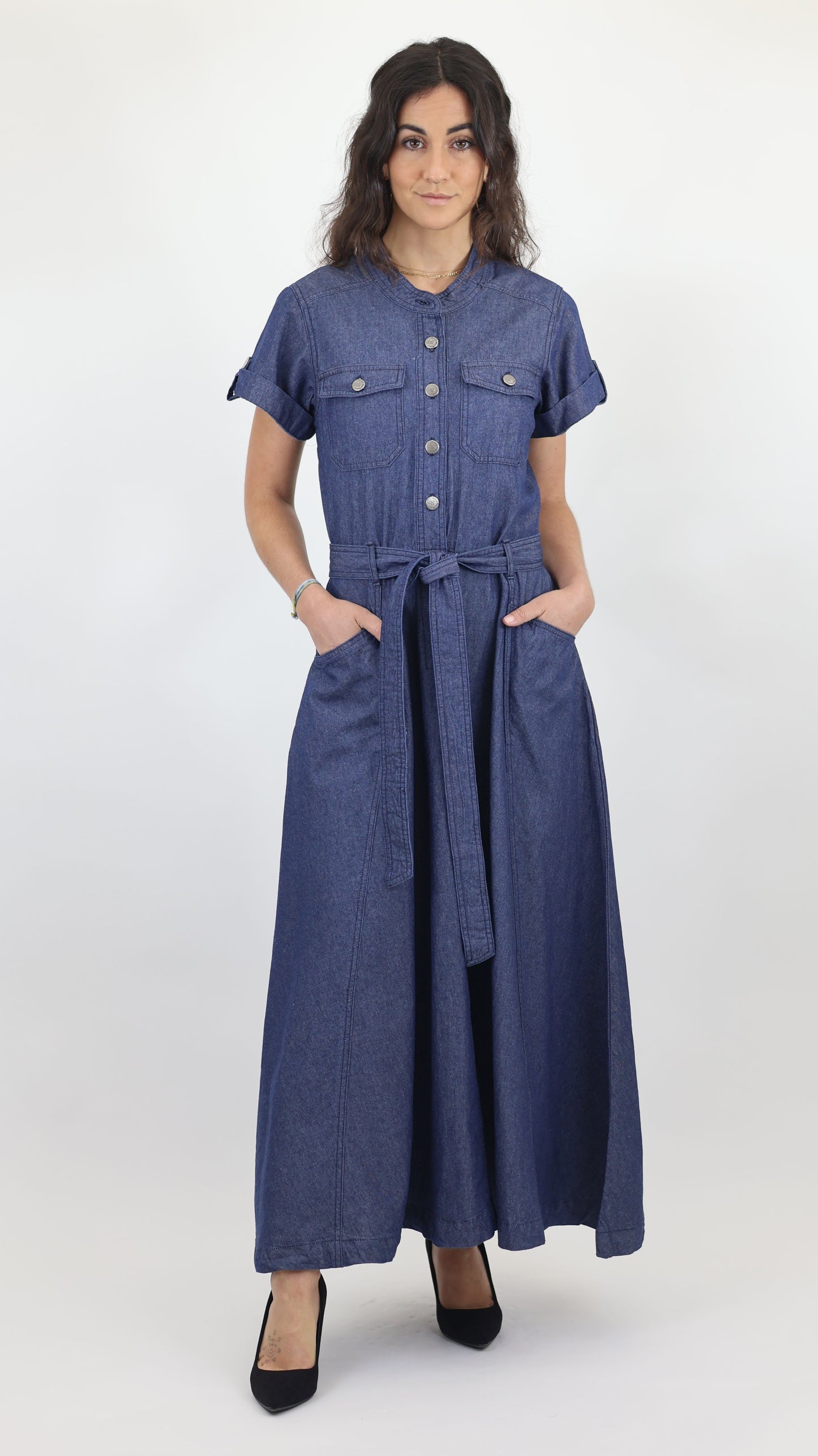 W744 Women’s Button-Up Short Sleeve Chambray Midi Dress