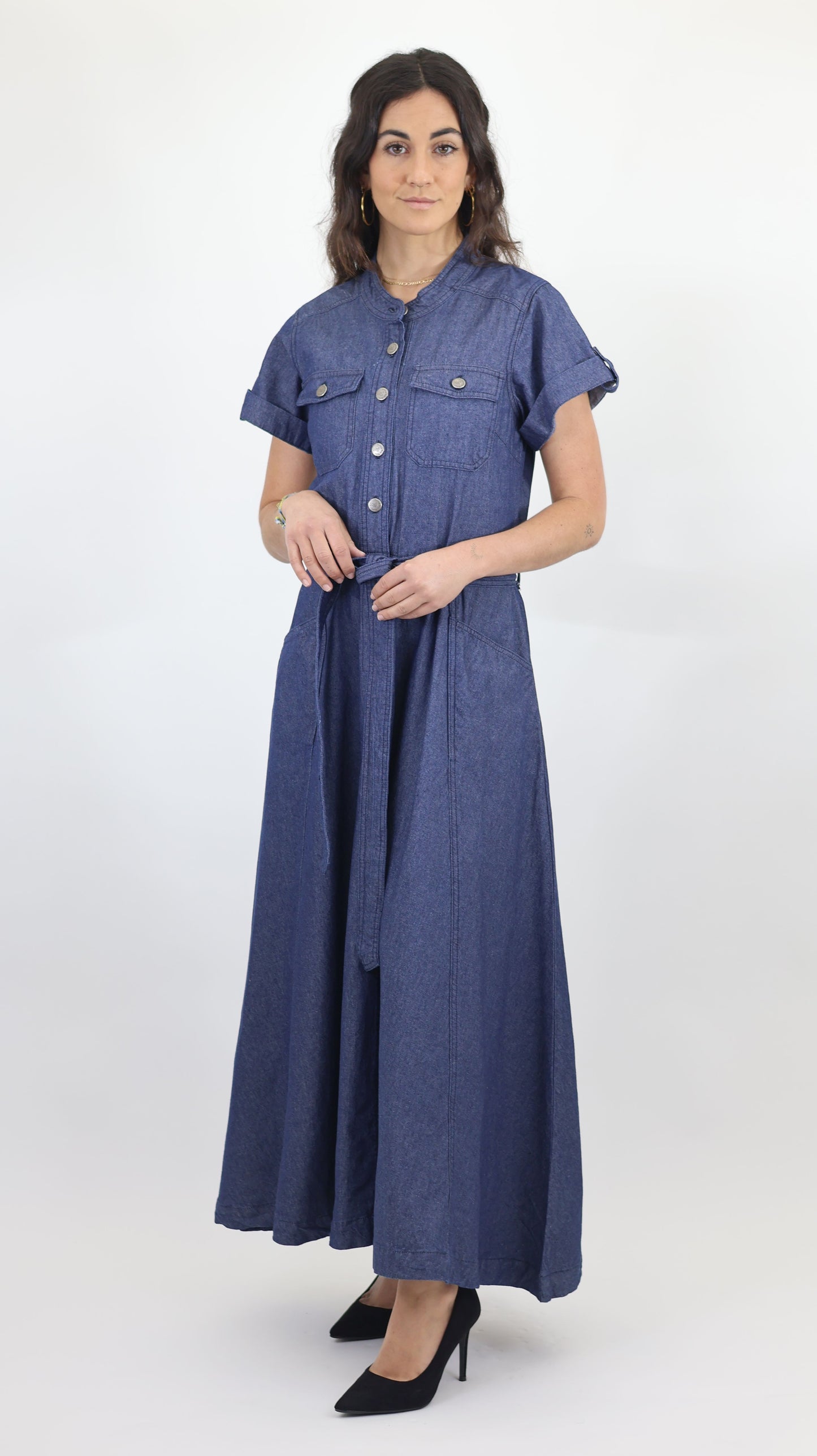 W744 Women’s Button-Up Short Sleeve Chambray Midi Dress