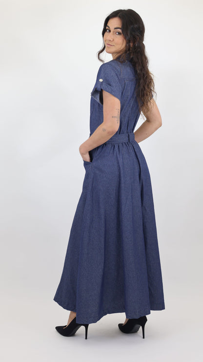 W744 Women’s Button-Up Short Sleeve Chambray Midi Dress