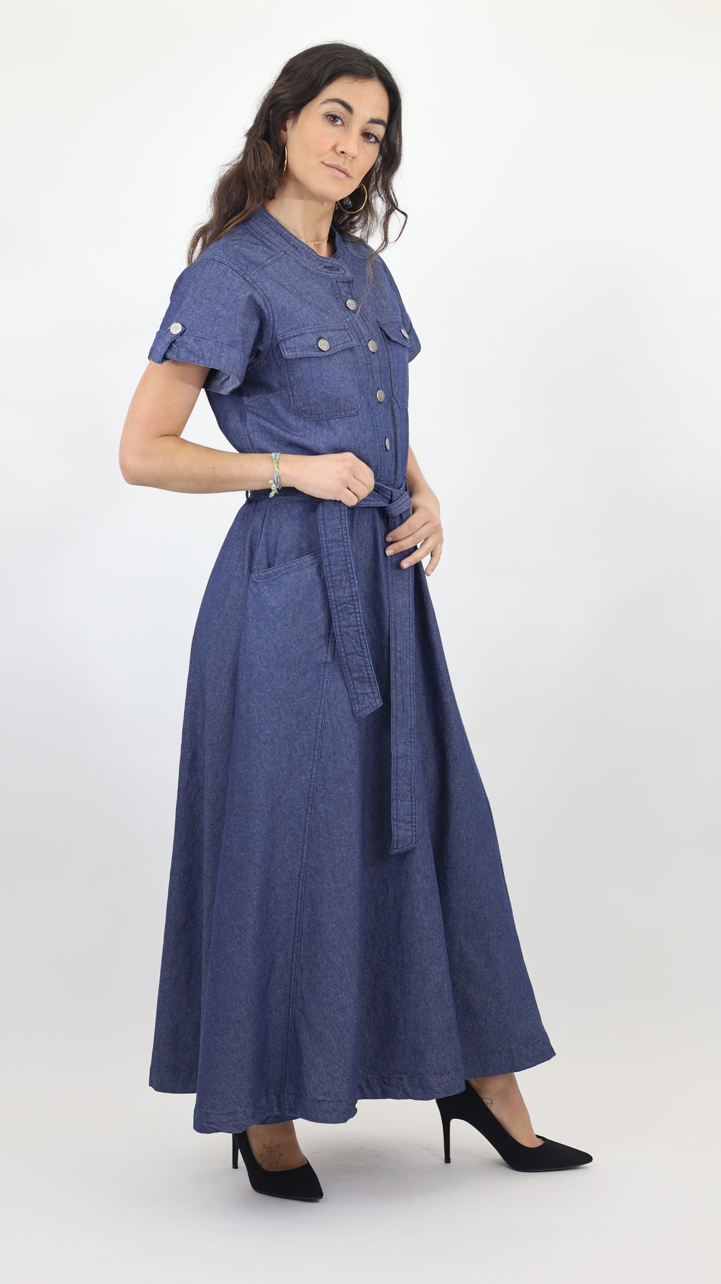W744 Women’s Button-Up Short Sleeve Chambray Midi Dress