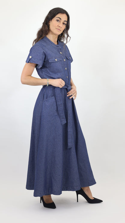 W744 Women’s Button-Up Short Sleeve Chambray Midi Dress