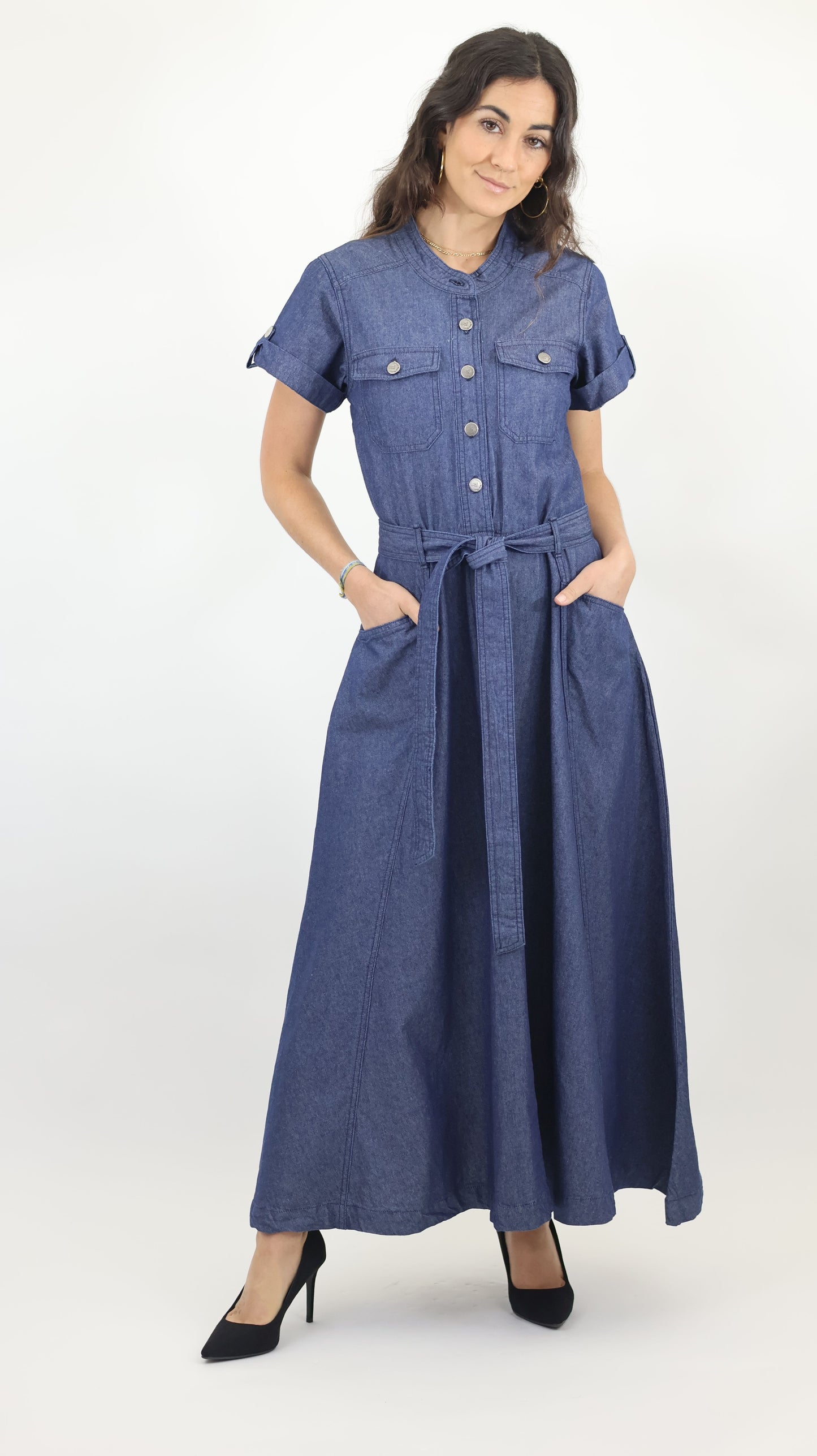 W744 Women’s Button-Up Short Sleeve Chambray Midi Dress