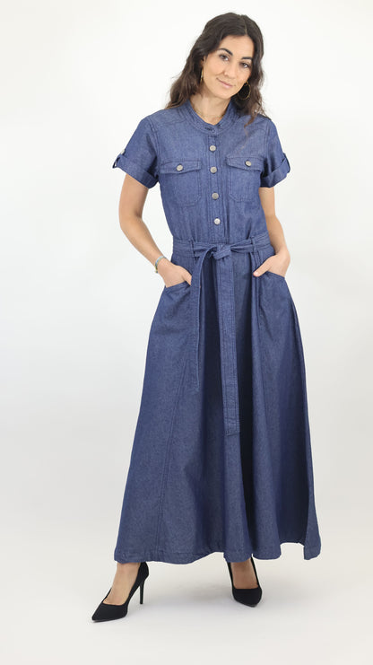 W744 Women’s Button-Up Short Sleeve Chambray Midi Dress