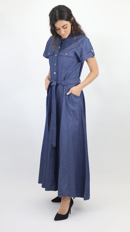W744 Women’s Button-Up Short Sleeve Chambray Midi Dress